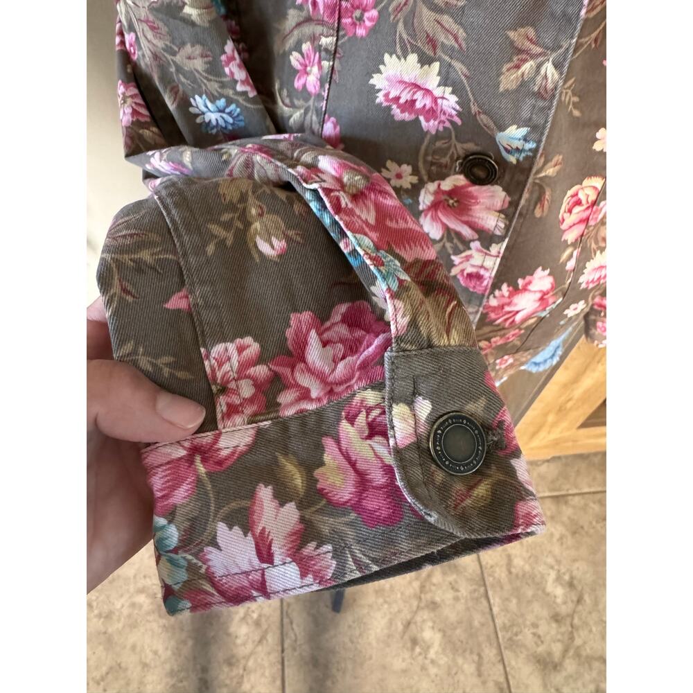 Charter Club Womens Floral Denim Trucker Jacket Large Brown Pink Stretch Cotton - Picture 4 of 8